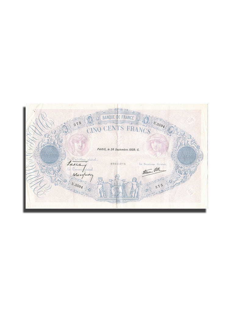 Billete, Francia, 500 Francs, 500 F 1888-1940 ''Bleu et Rose'', 1939