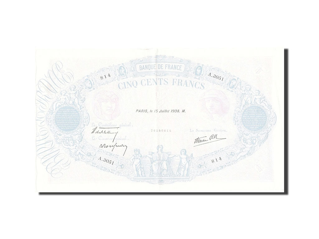 Billete, Francia, 500 Francs, 500 F 1888-1940 ''Bleu et Rose'', 1938
