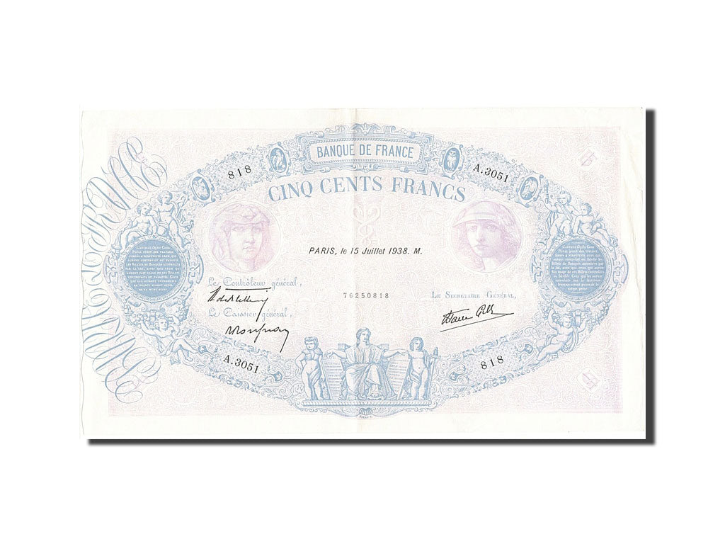 Banknot, Francja, 500 Francs, Bleu et Rose, 1938, 1938-07-15, AU(55-58)