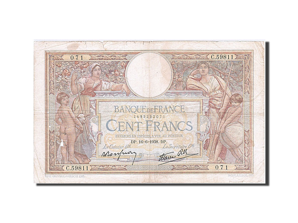 Banknote, France, 100 Francs, 100 F 1908-1939 ''Luc Olivier Merson'', 1938