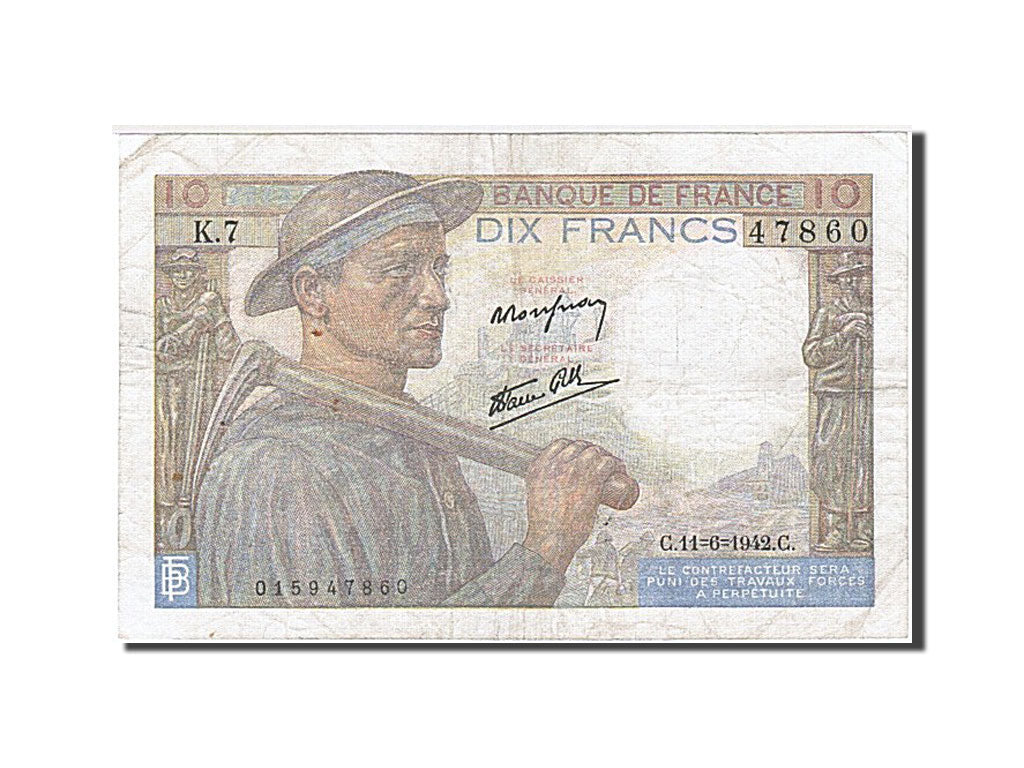 Biljet, Frankrijk, 10 Francs, 10 F 1941-1949 ''Mineur'', 1942, 1942-06-11, TB+