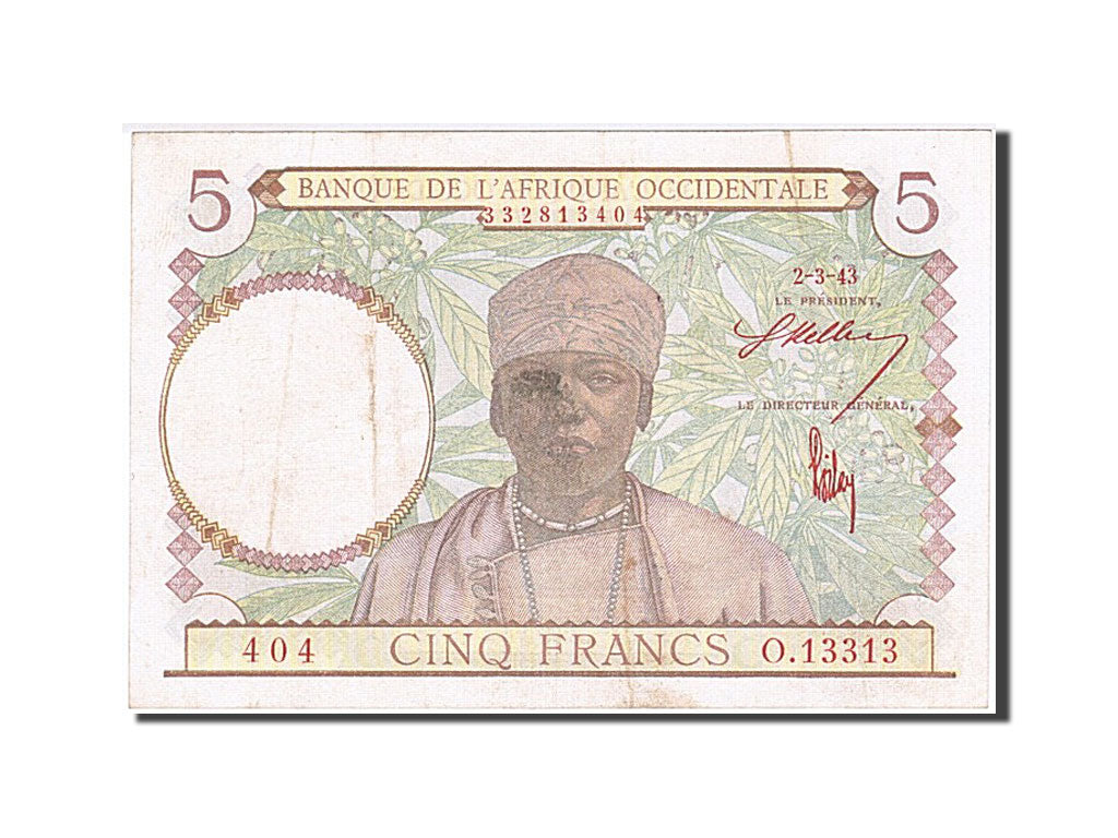 Banknote, French West Africa, 5 Francs, 1943, 1943-03-02, AU(50-53)