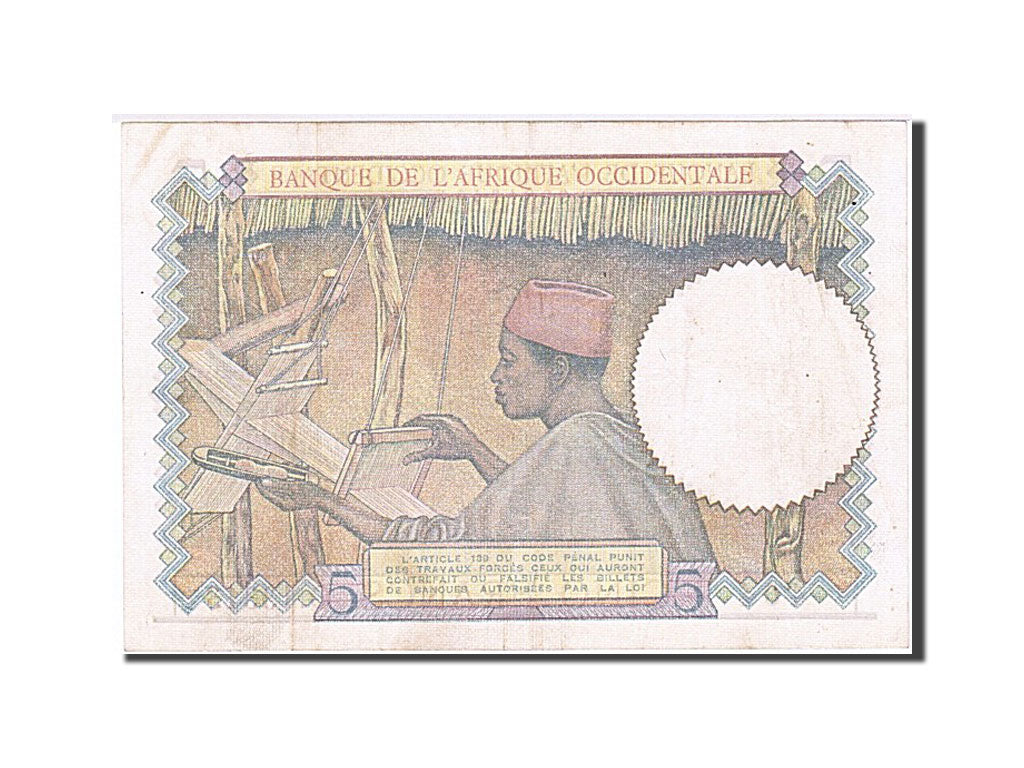 Banknote, French West Africa, 5 Francs, 1943, 1943-03-02, AU(50-53)