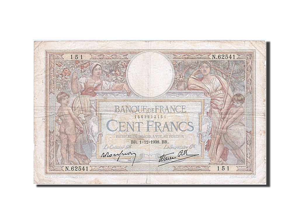 Banknote, France, 100 Francs, 100 F 1908-1939 ''Luc Olivier Merson'', 1938