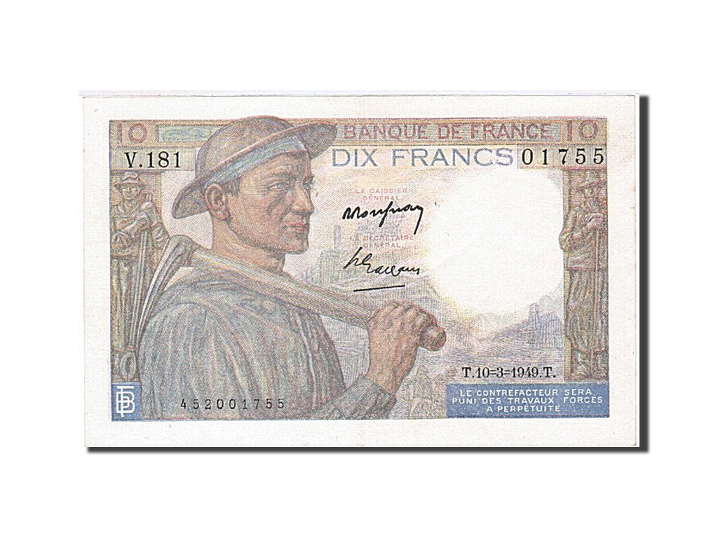 Geldschein, Frankreich, 10 Francs, 10 F 1941-1949 ''Mineur'', 1949, 1949-03-10