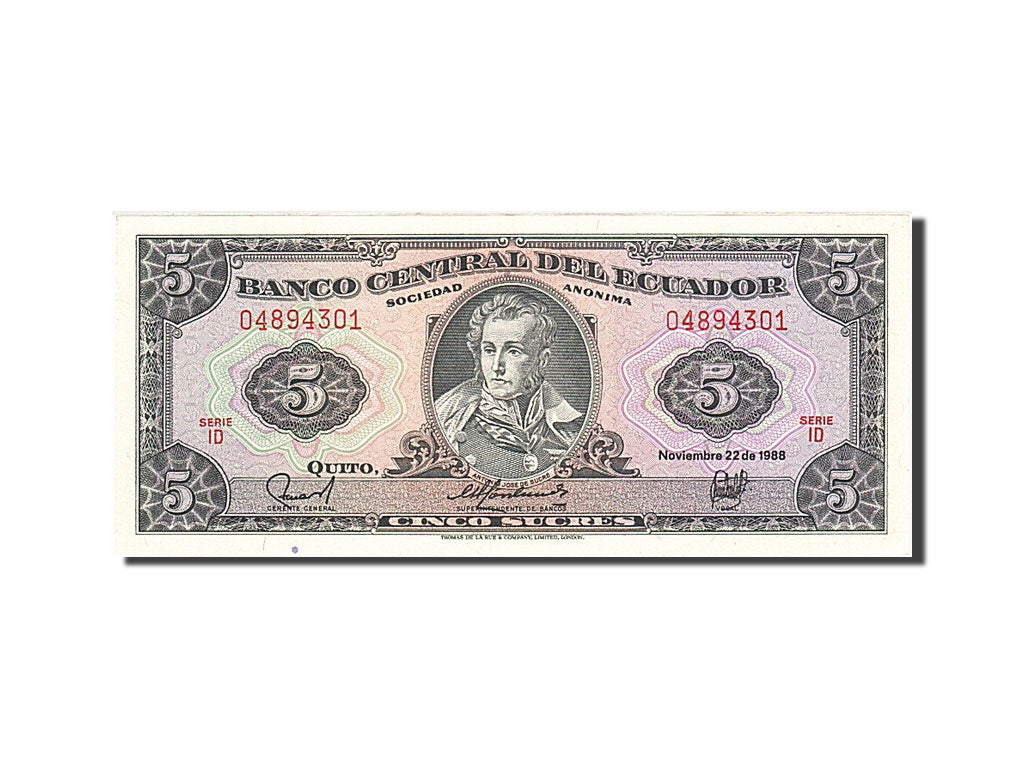 Billete, 5 Sucres, 1988, Ecuador, KM:120A, 1988-11-22, EBC+