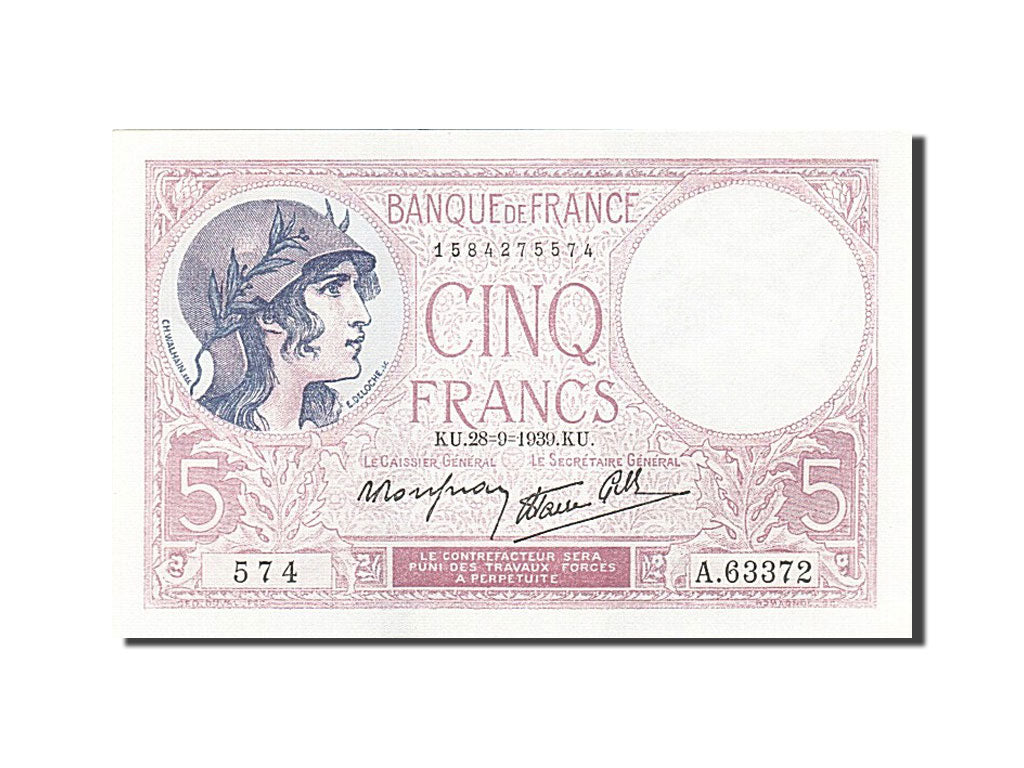 Banconote, Francia, 5 Francs, 1917, 1939-09-28, SPL+, Fayette:4.10, KM:83