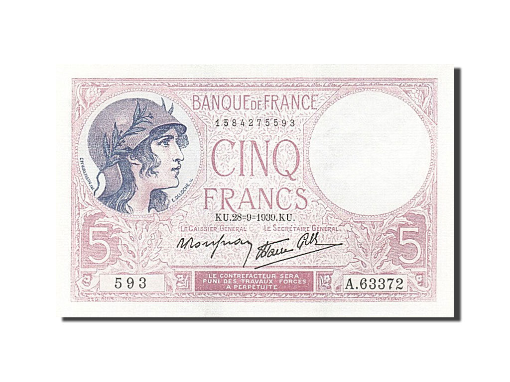 Banconote, Francia, 5 Francs, 1937-1939, 1939-09-28, FDS, Fayette:4.10, KM:83