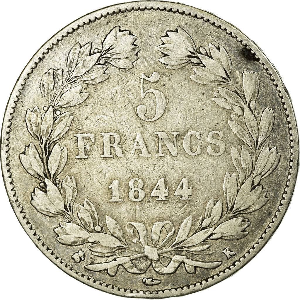 Moneta, Francia, Louis-Philippe, 5 Francs, 1844, Bordeaux, MB+, Argento