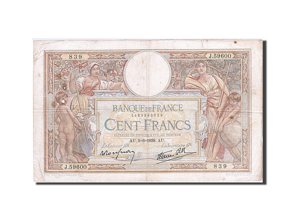 Banconote, Francia, 100 Francs, 1906, 1938-06-09, MB, Fayette:25.22, KM:86b