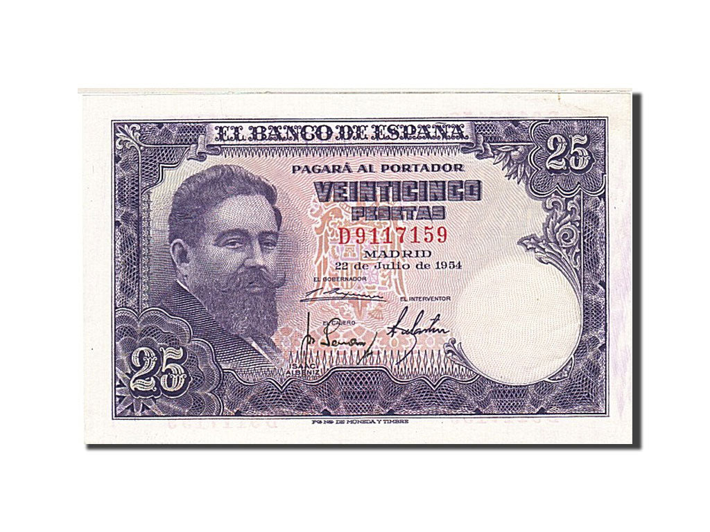 Banknot, Hiszpania, 25 Pesetas, 1954, 1954-07-22, KM:147a, AU(55-58)