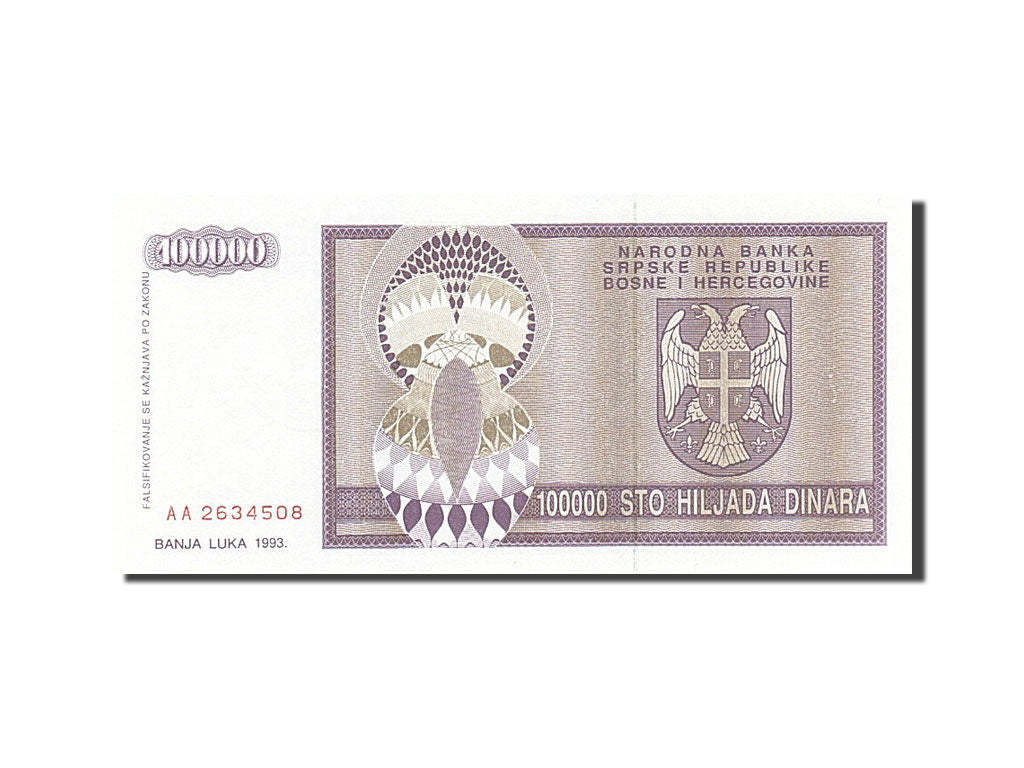 Banknot, Bośnia-Hercegowina, 100,000 Dinara, 1992-1993, 1993, KM:141a
