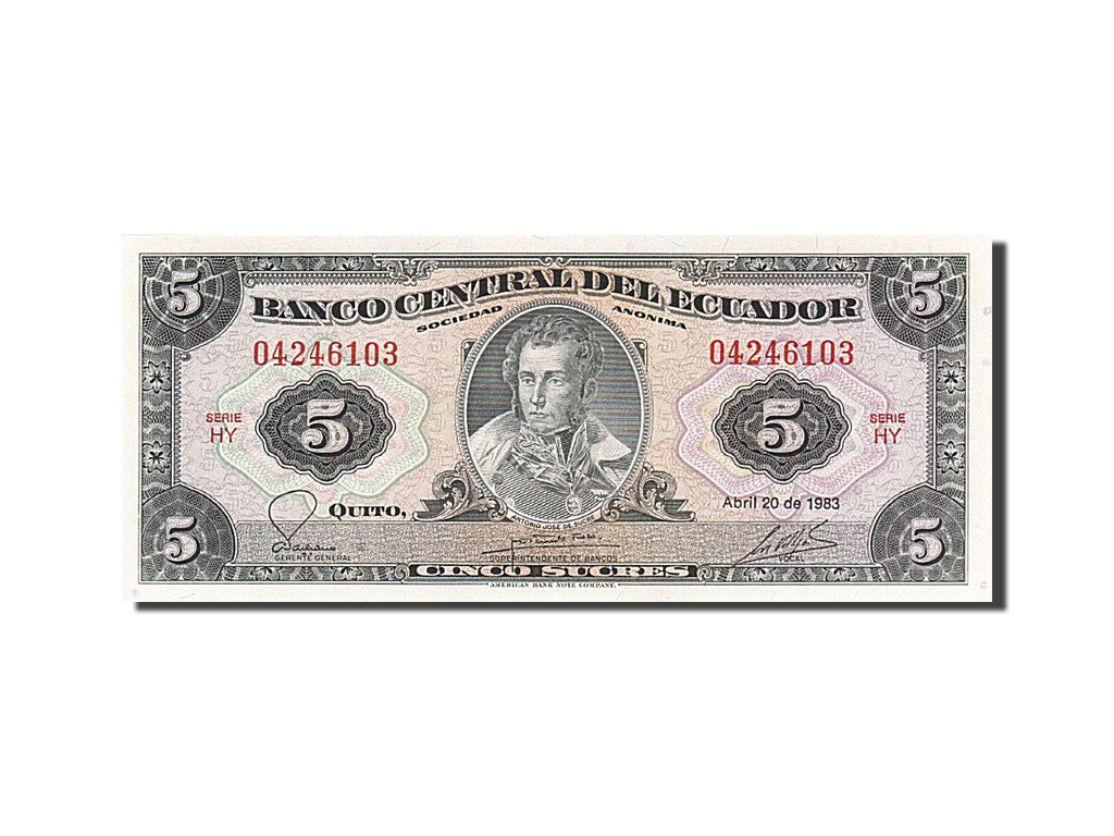 Billete, 5 Sucres, 1975-1980, Ecuador, KM:108b, 1983-04-20, UNC