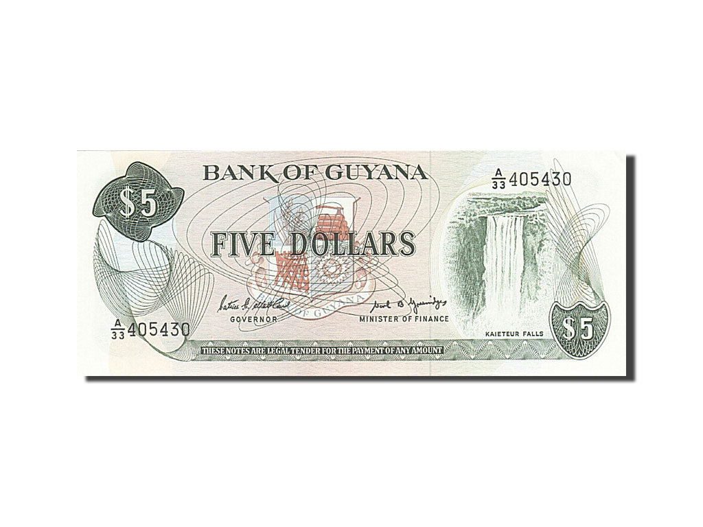 Biljet, Guyana, 5 Dollars, 1966, 1989, KM:22e, SPL