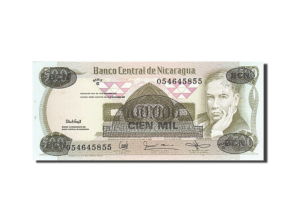 Banknot, Nicaragua, 100,000 Córdobas on 500 Córdobas, 1987, 1987, KM:149