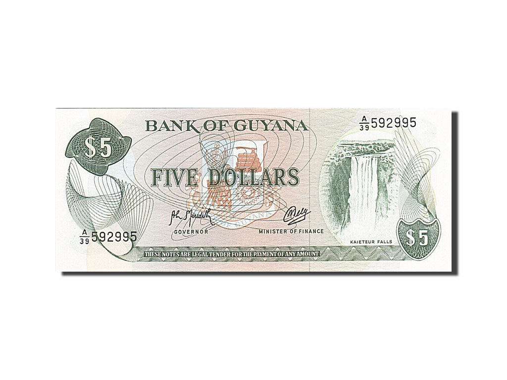 Biljet, Guyana, 5 Dollars, 1966, 1992, KM:22f, NIEUW