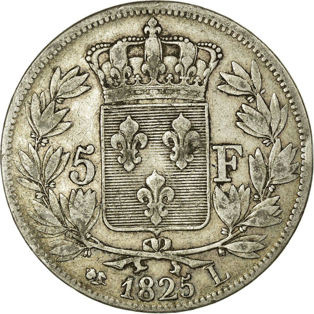 Moneda, Francia, Charles X, 5 Francs, 1825, Bayonne, BC+, Plata, Gadoury:643