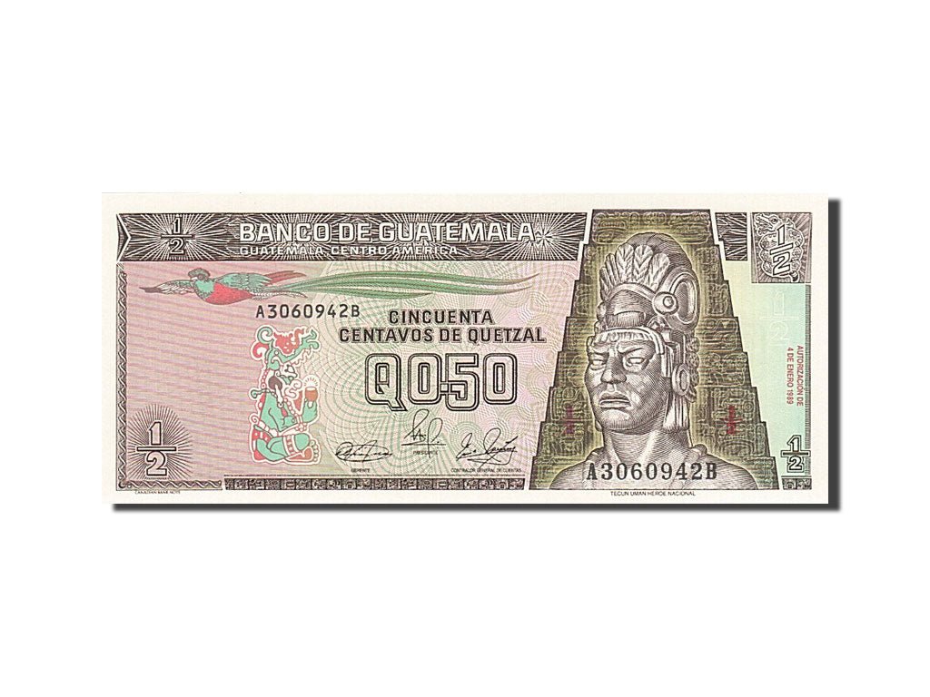 Banknote, Guatemala, 1/2 Quetzal, 1989-1990, 1989-01-04, KM:72a, UNC(65-70)