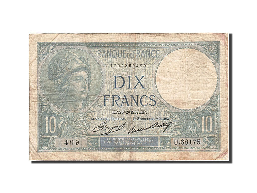Banknot, Francja, 10 Francs, 1915, 1937-02-25, VF(20-25), Fayette:6.18, KM:73e