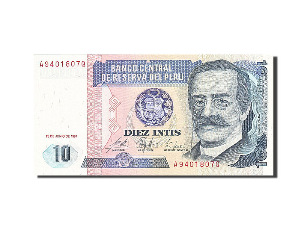 Biljet, Peru, 10 Intis, 1985-1991, 1987-06-26, KM:129, SPL