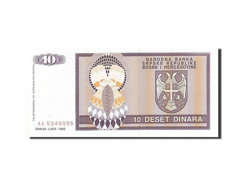 Banknote, Bosnia - Herzegovina, 10 Dinara, 1992-1993, 1992, KM:133a, UNC(63)
