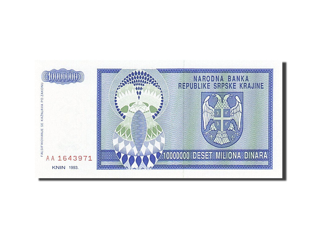 Banknot, Bośnia-Hercegowina, 10 Million Dinara, 1992-1993, 1993, KM:144a