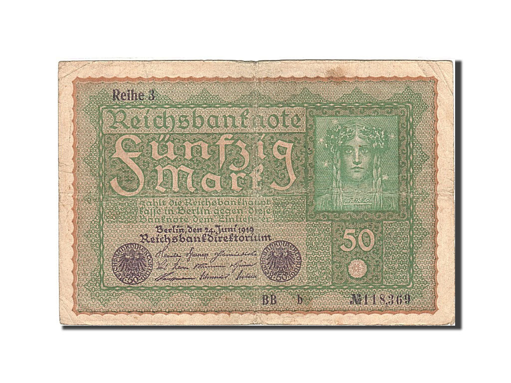 Geldschein, Deutschland, 50 Mark, 1915-1919, 1919-06-24, KM:66, SGE+