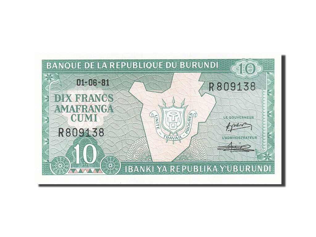 Banknote, Burundi, 10 Francs, 1979-1981, 1981-06-01, KM:33a, UNC(65-70)