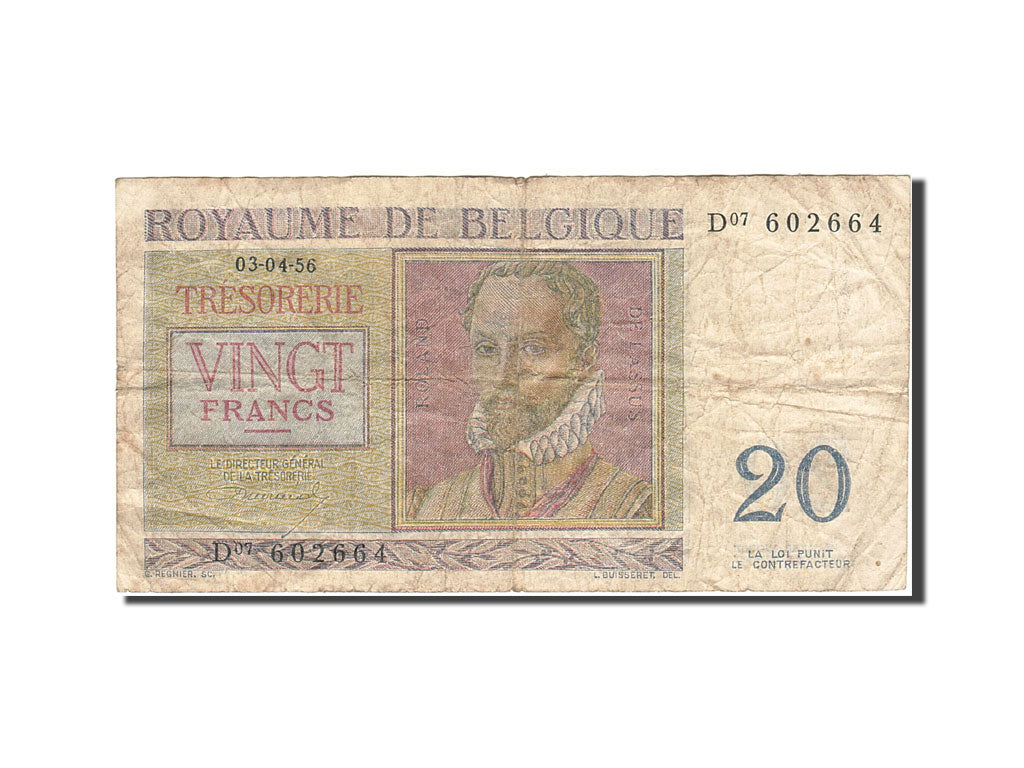 Banknote, Belgium, 20 Francs, 1948-1950, 1956-04-03, KM:132b, VF(20-25)