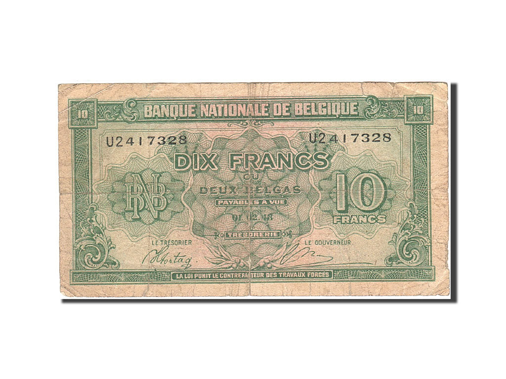 Billete, 10 Francs-2 Belgas, 1943-1945, Bélgica, KM:122, 1943-02-01, RC