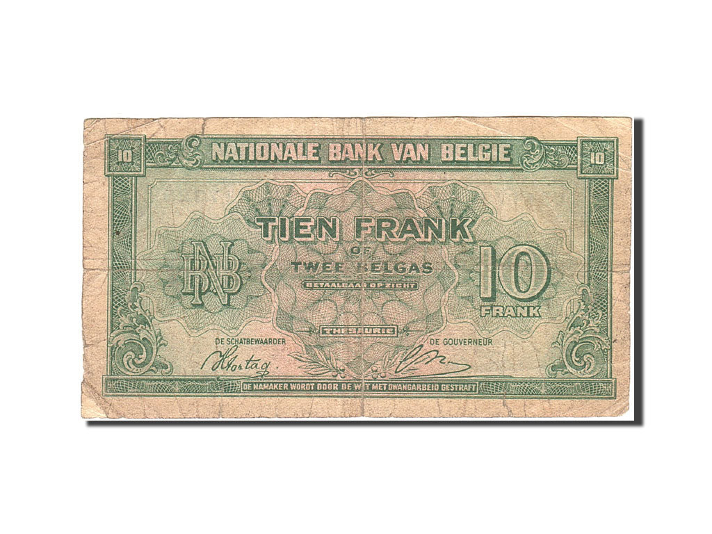 Billete, 10 Francs-2 Belgas, 1943-1945, Bélgica, KM:122, 1943-02-01, RC