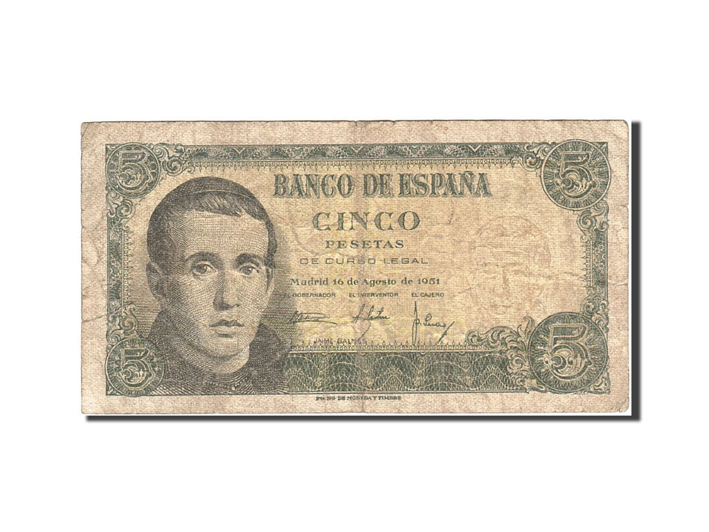 Banknot, Hiszpania, 5 Pesetas, 1951, 1951-08-16, KM:140a, F(12-15)