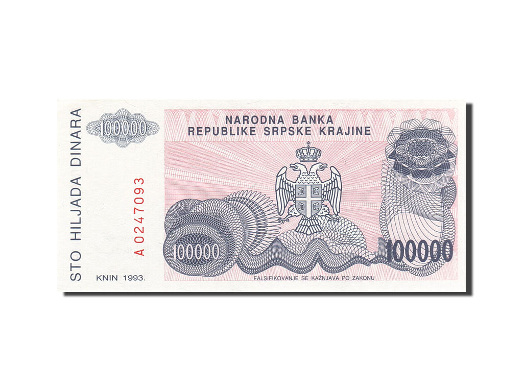 Billete, 100,000 Dinara, 1993, Croacia, KM:R22a, 1993, SC
