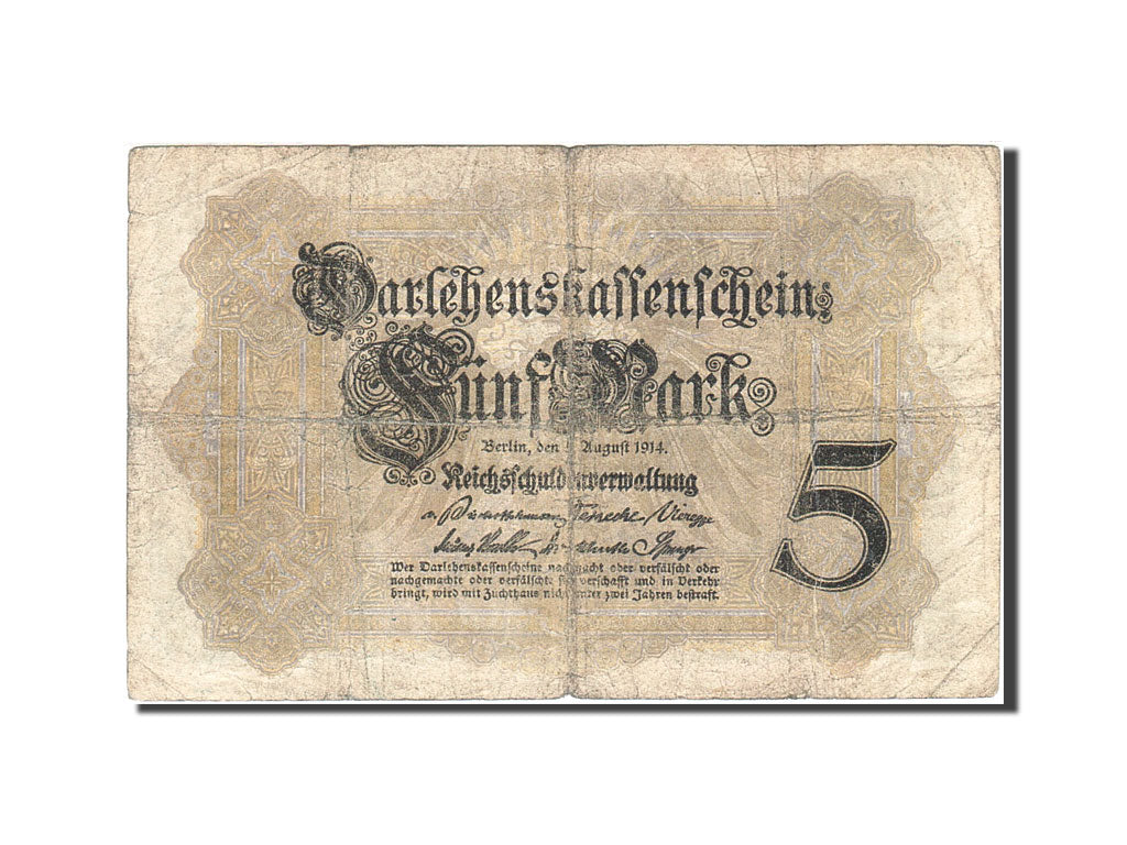 Geldschein, Deutschland, 5 Mark, 1914, 1914-08-05, KM:47b, SGE+