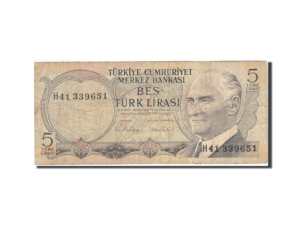 Banknote, Turkey, 5 Lira, 1966-1969, 1968-01-08, KM:179, VG(8-10)