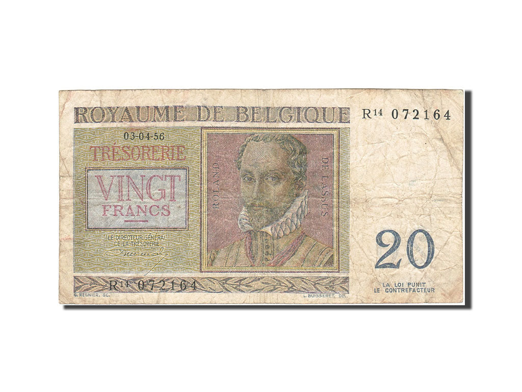 Banknote, Belgium, 20 Francs, 1948-1950, 1956-04-03, KM:132b, VF(20-25)