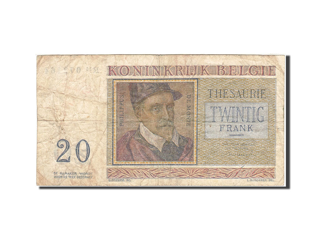 Banknote, Belgium, 20 Francs, 1948-1950, 1956-04-03, KM:132b, VF(20-25)