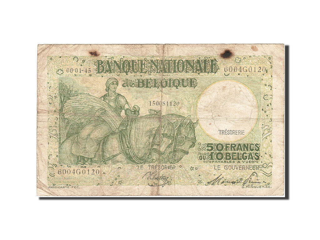 Banknote, Belgium, 50 Francs-10 Belgas, 1933-1935, 1945-01-06, KM:106, VF(20-25)