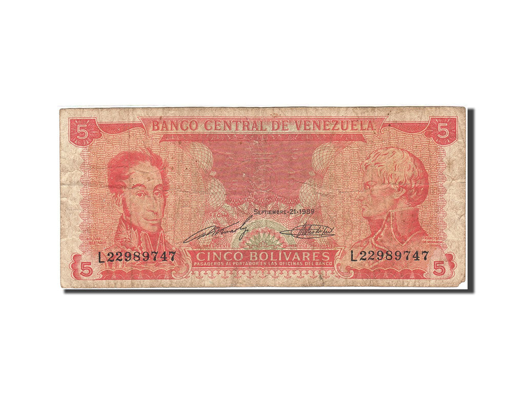 Geldschein, Venezuela, 5 Bolivares, 1989, 1989-09-21, KM:70b, SGE+