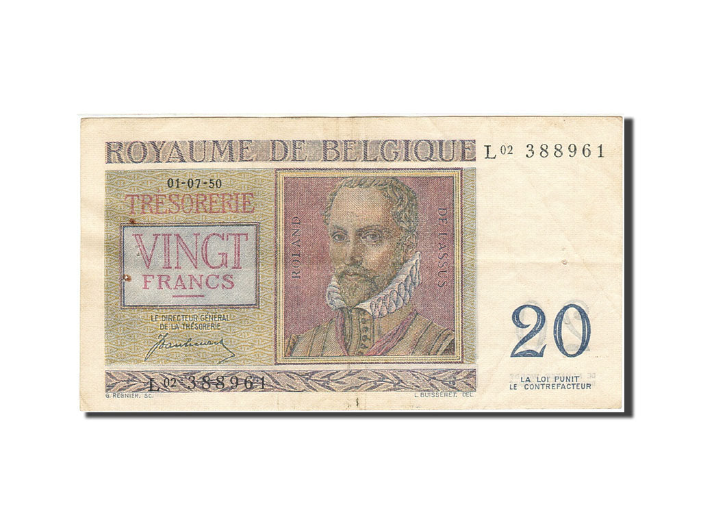 Banknote, Belgium, 20 Francs, 1948-1950, 1950-07-01, KM:132a, AU(50-53)