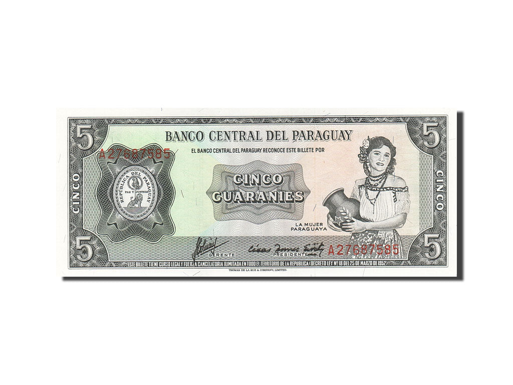 Banknote, Paraguay, 5 Guaranies, 1952, 1952, KM:195b, UNC(63)