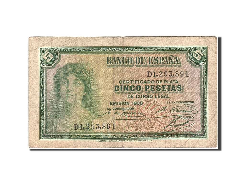 Banconote, Spagna, 5 Pesetas, 1935, KM:85a, 1935, MB