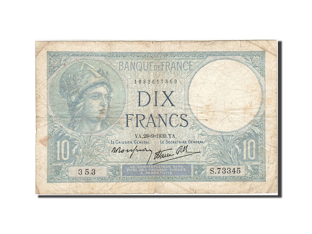 Banknot, Francja, 10 Francs, 1915, 1939-09-28, VF(20-25), Fayette:7.9, KM:84