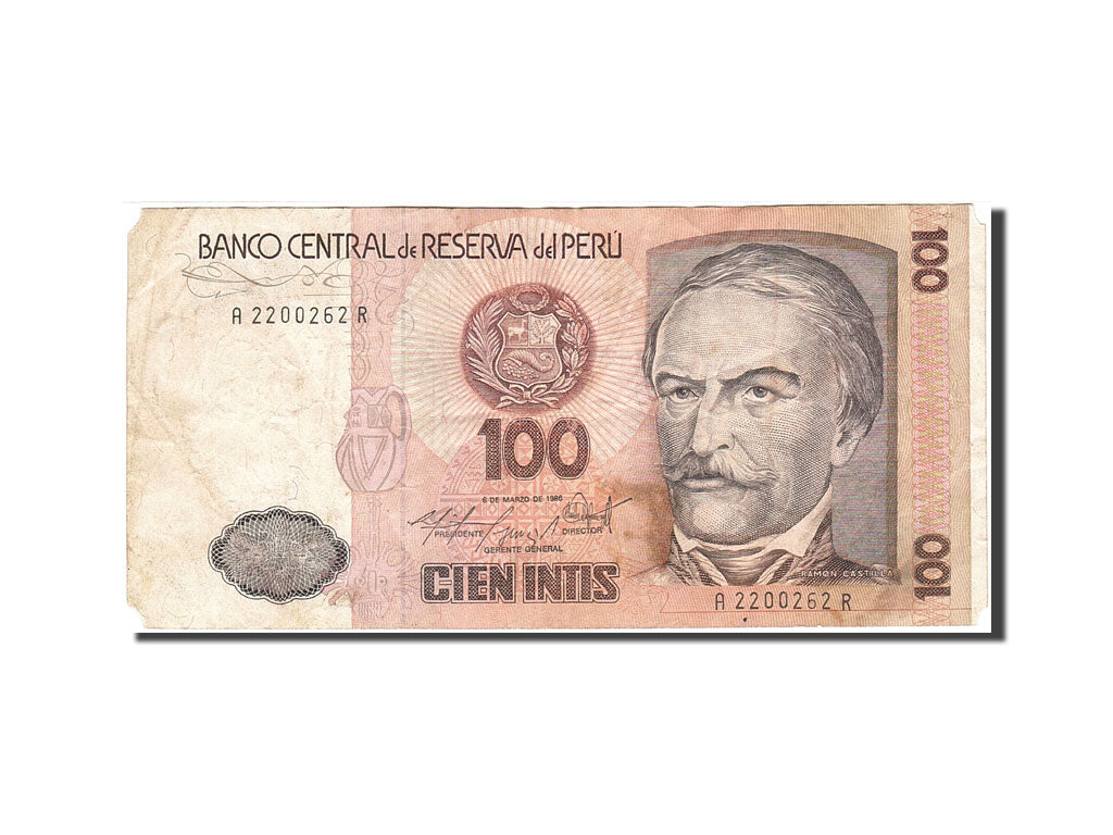 Banknot, Peru, 100 Intis, 1985-1991, 1986-03-06, KM:132b, VG(8-10)