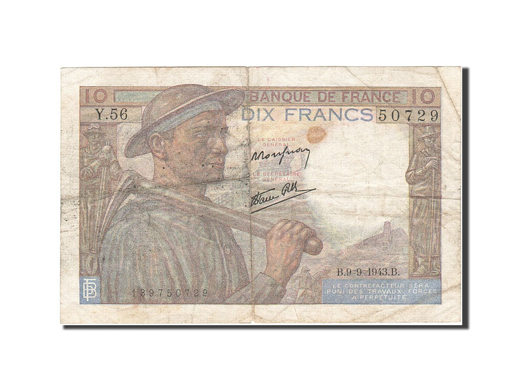 Banknote, France, 10 Francs, 1941, 1943-09-09, VF(20-25), Fayette:8.9, KM:99d