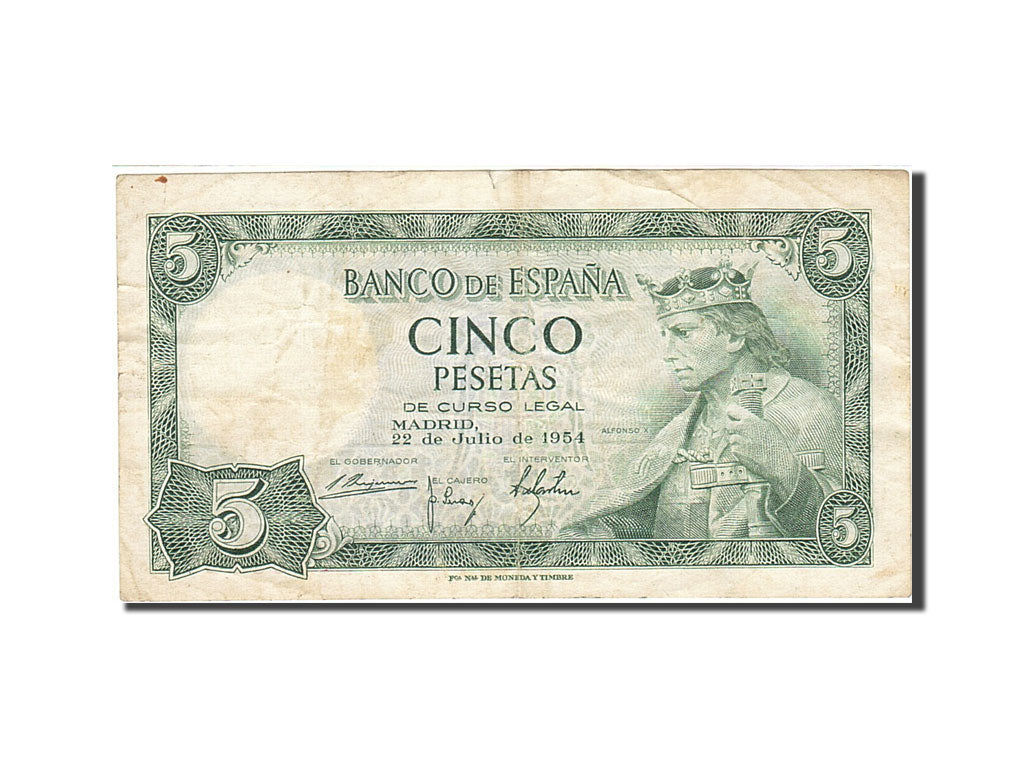 Banknot, Hiszpania, 5 Pesetas, 1954, 1954-07-22, KM:146a, VF(20-25)