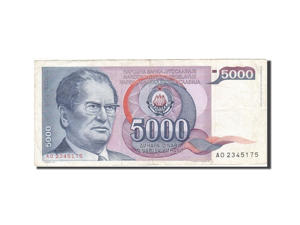 Banconote, Iugoslavia, 5000 Dinara, 1985-1989, KM:93a, 1985-05-01, B+