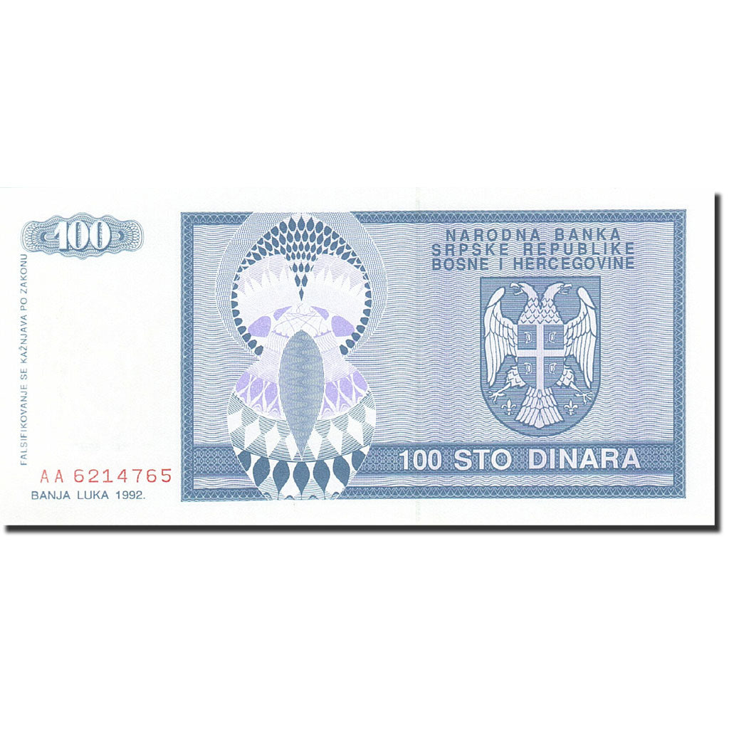 Banconote, Bosnia - Erzegovina, 100 Dinara, 1992-1993, KM:135a, 1992, FDS