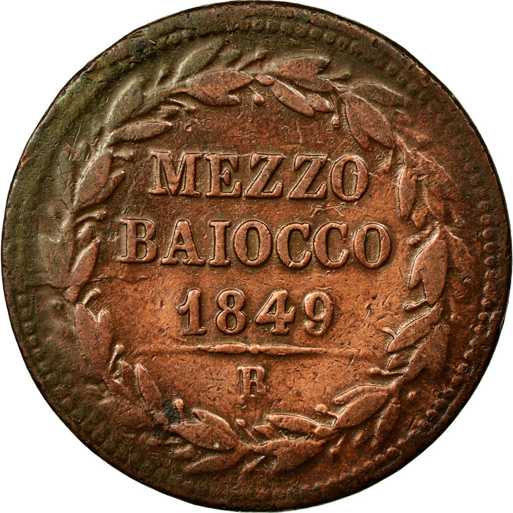 Moneta, STATI ITALIANI, PAPAL STATES, Pius IX, Mezzo (1/2) Baiocco, 1849, Roma