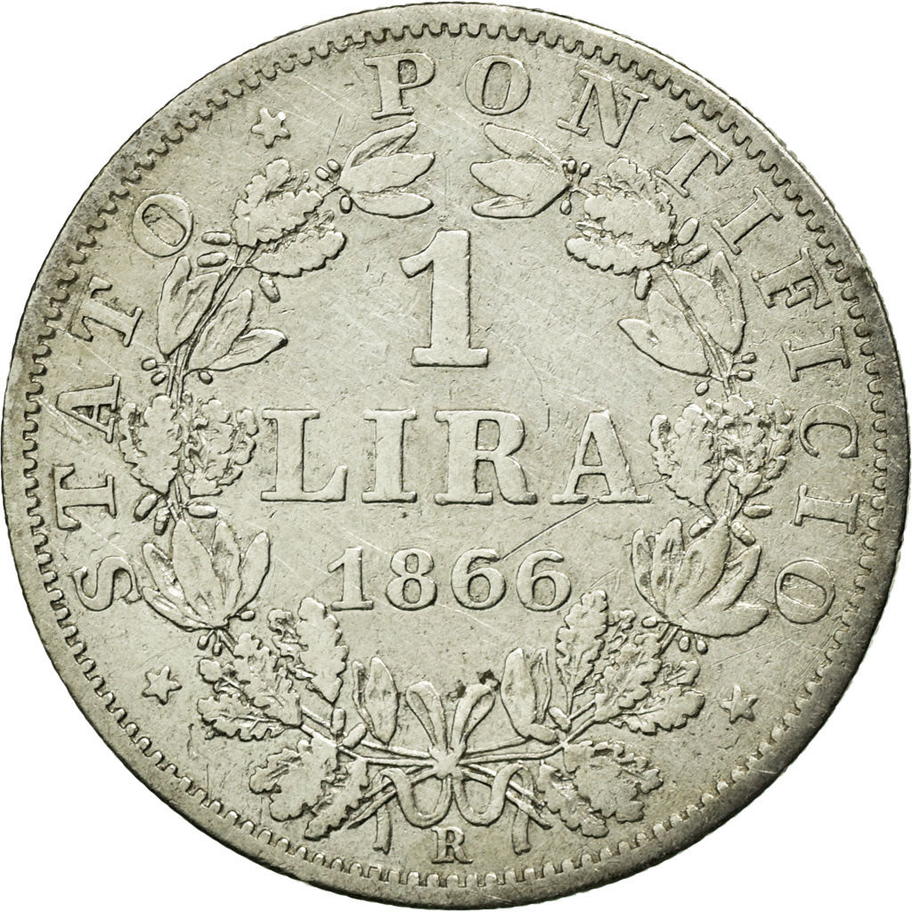 Moneda, Estados italianos, PAPAL STATES, Pius IX, Lira, 1866, Roma, BC+, Plata